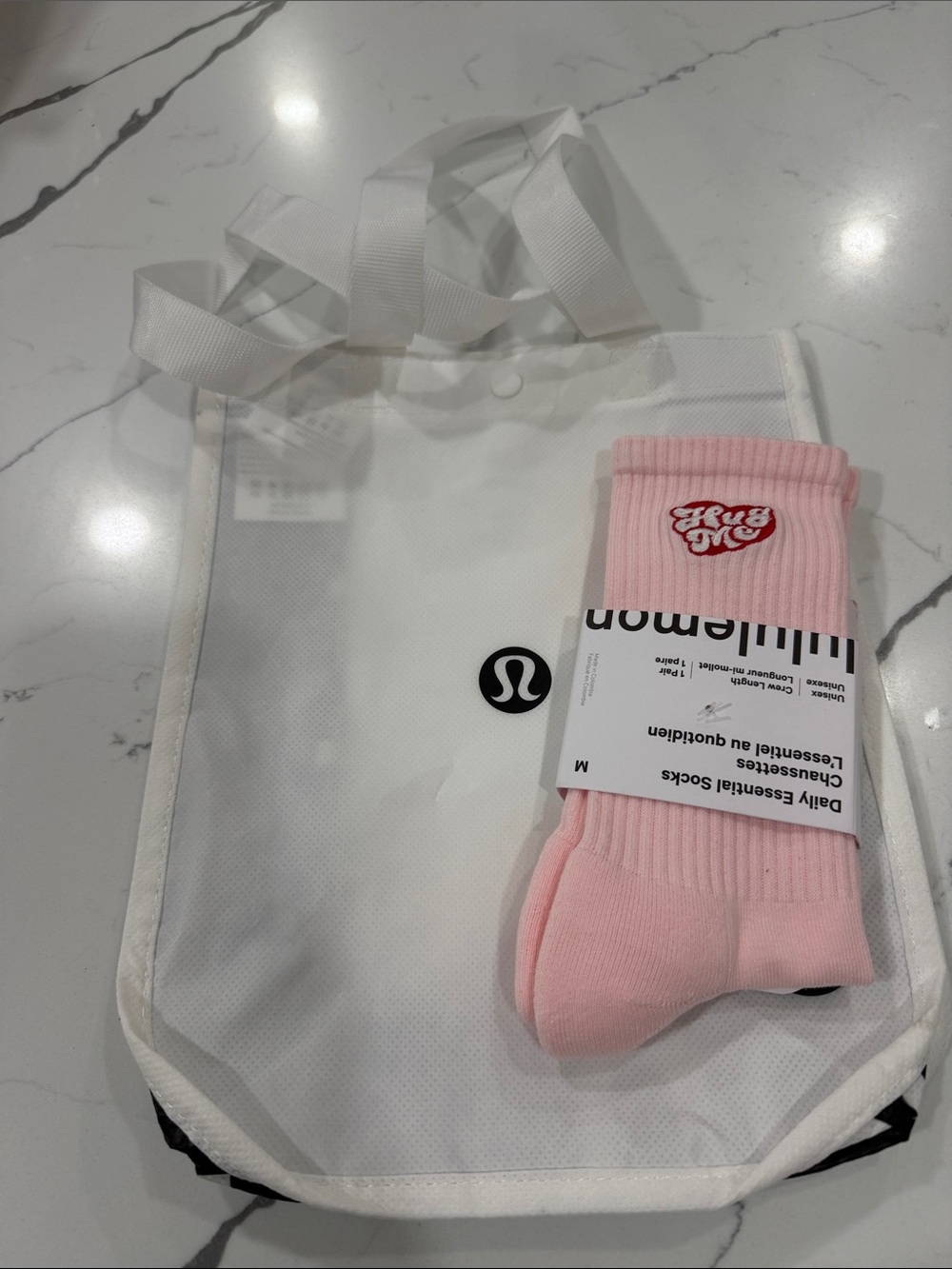 lululemon athletica Pink Daily Essential Crew hug me heart socks and white bag